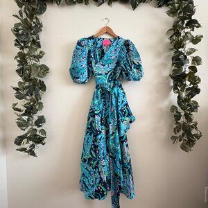 Lilly Pulitzer June Puff Sleeve Poplin Faux Wrap Midi Dress Blue Women’s Size 4